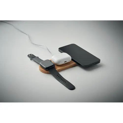 Caricatore wireless 3 in 1 in bambù per smartphone smartwatch e auricolari da 15W
