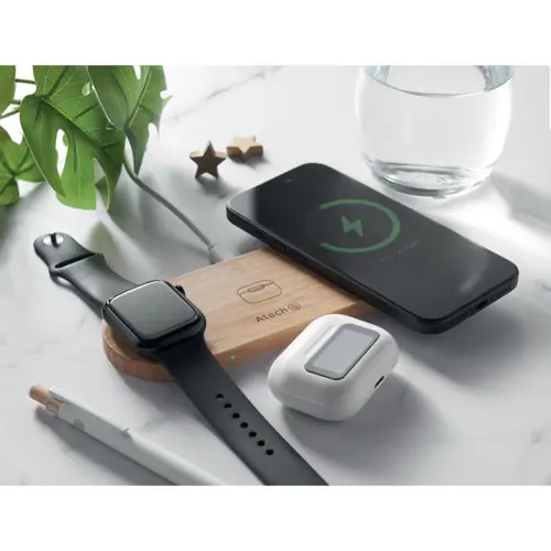 Caricatore wireless 3 in 1 in bambù per smartphone smartwatch e auricolari da 15W