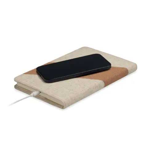 Block notes A5 con caricatore wireless integrato e copertina in cotone e sughero con 64 fogli a righe