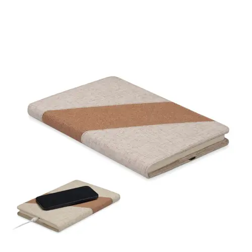 Block notes A5 con caricatore wireless integrato e copertina in cotone e sughero con 64 fogli a righe