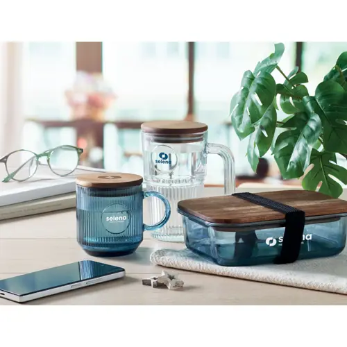 Tazza in vetro a coste con coperchio in legno di acacia da 300ml