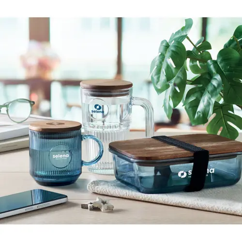 Tazza in vetro a coste con coperchio in legno di acacia da 300ml