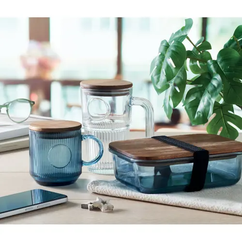 Tazza in vetro a coste con coperchio in legno di acacia da 300ml