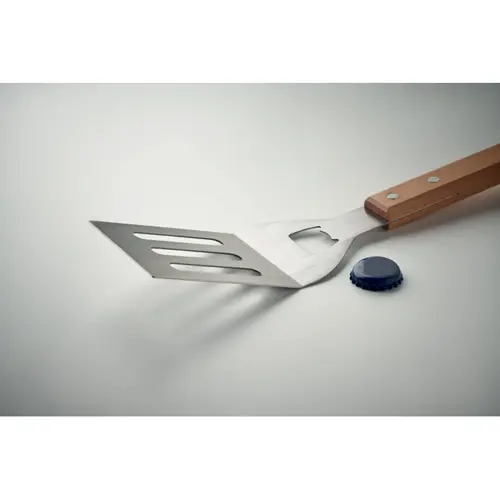 Spatola per barbecue in acciaio inox con manico in legno e apribottiglie integrato