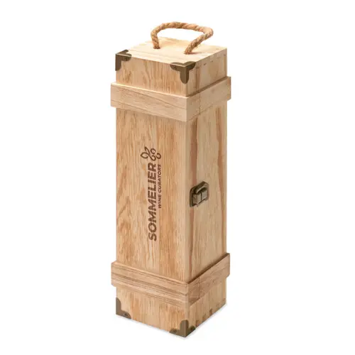 Scatola da vino in legno con chiusura in metallo e bordi angolari