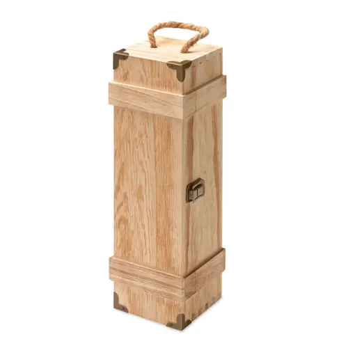Scatola da vino in legno con chiusura in metallo e bordi angolari