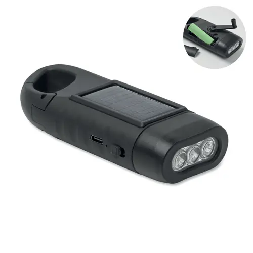 Torcia a 3 LED alimentata da pannello solare e manovella a dinamo