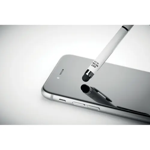 Penna a sfera in alluminio antibatterica con e clip cromata lucida e punta touch con meccanismo a rotazione e refill blu