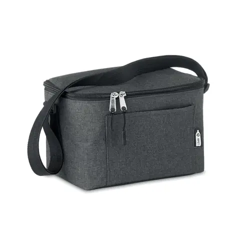 Borsa termica in RPET da 3L per 6 lattine con chiusura a zip e tasca frontale 25x15.5x14.5cm