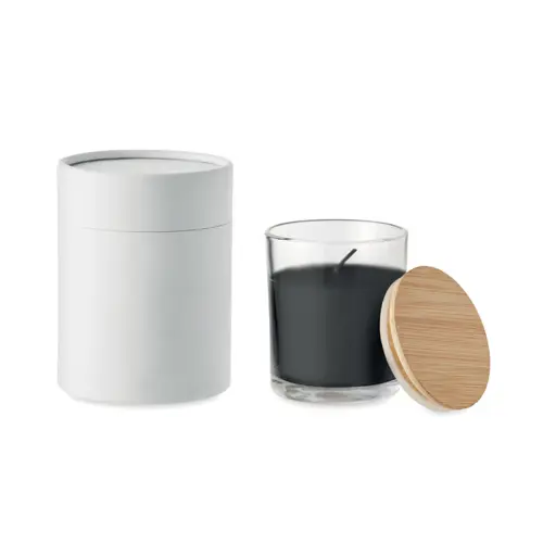 Candela di cera profumata alla vaniglia in vetro con coperchio in bambù in una confezione tubo di carta Ø7X8,5CM