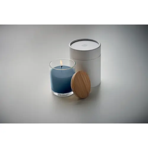Candela di cera profumata alla vaniglia in vetro con coperchio in bambù in una confezione tubo di carta Ø7X8,5CM
