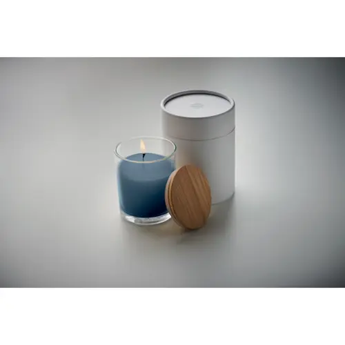 Candela di cera profumata alla vaniglia in vetro con coperchio in bambù in una confezione tubo di carta Ø7X8,5CM
