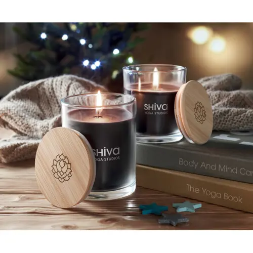 Candela di cera profumata alla vaniglia in bicchiere di vetro con coperchio in bambù Ø8x10.5cm