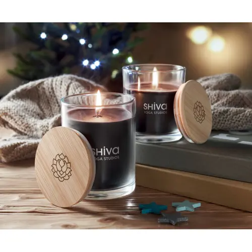 Candela di cera profumata alla vaniglia in bicchiere di vetro con coperchio in bambù Ø8x10.5cm