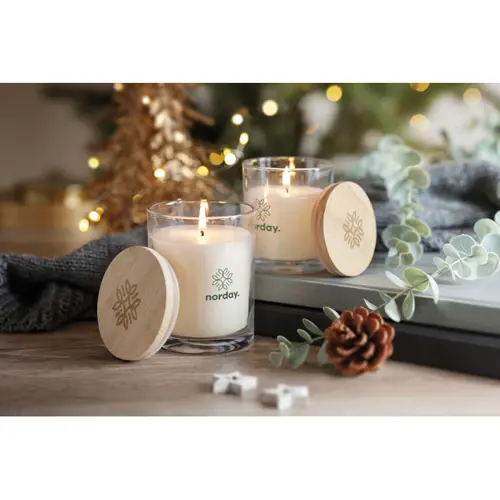 Candela di cera profumata alla vaniglia in bicchiere di vetro con coperchio in bambù Ø8x10.5cm