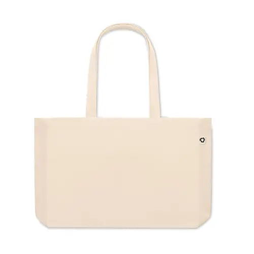 Shopper o borsa da spiaggia in cotone riciclato a soffietto con mainci lunghi in colore naturale da 280gr 49x9x37cm
