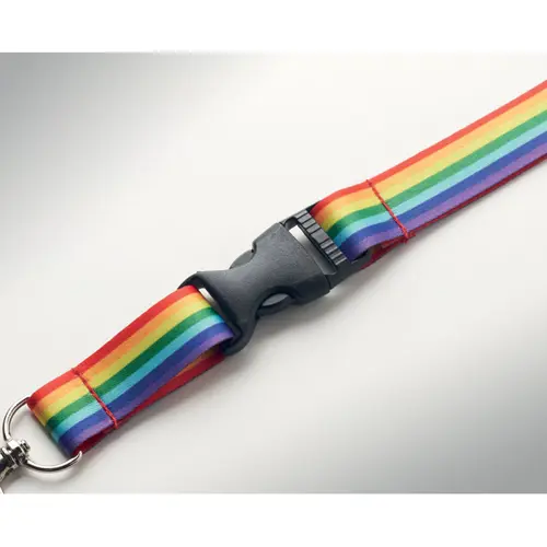 Lanyard in RPET arcobaleno con gancio in metallo, fibbia staccabile e chiusura di sicurezza 2X56CM