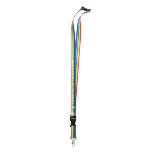 Lanyard in RPET arcobaleno con gancio in metallo, fibbia staccabile e chiusura di sicurezza 2X56CM