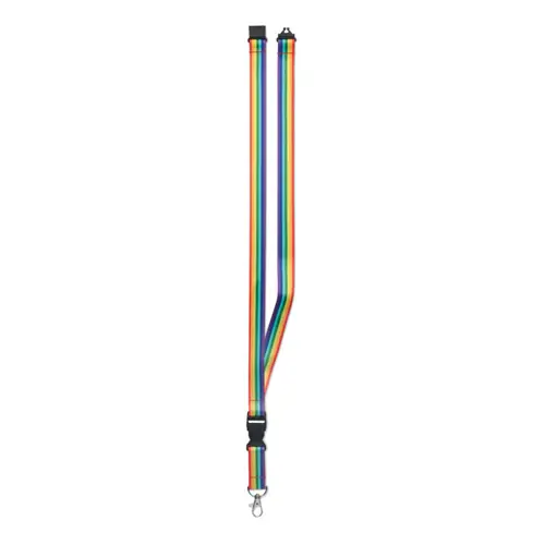 Lanyard in RPET arcobaleno con gancio in metallo, fibbia staccabile e chiusura di sicurezza 2X56CM