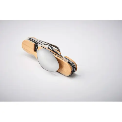 Set di posate da campeggio pieghevoli multifunzione in metallo e legno separabile in 2 pezzi