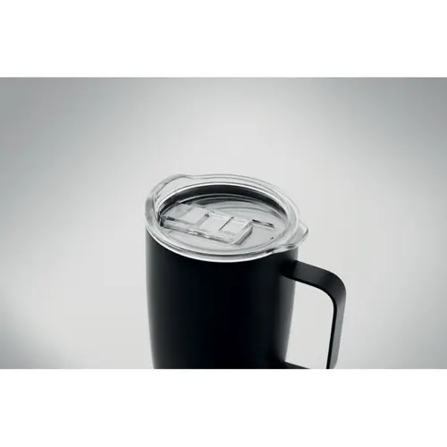 Tazza in acciaio inox a doppio strato con base in sughero e coperchio con foro scorrevole 300ml