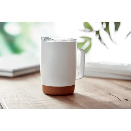 Tazza in acciaio inox a doppio strato con base in sughero e coperchio con foro scorrevole 300ml