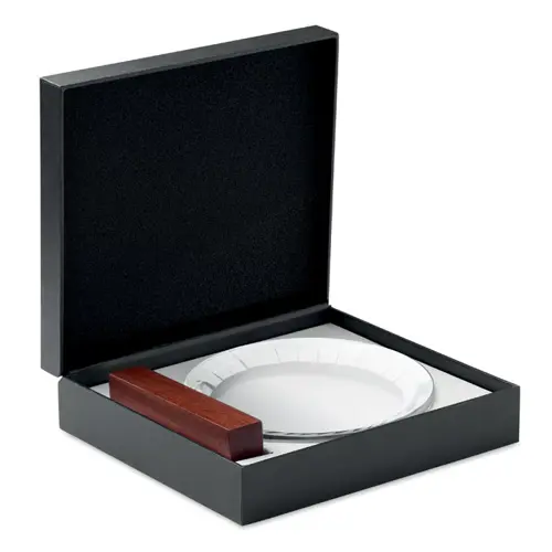 Trofeo rotondo in cristallo su base di legno di faggio con confezione regalo