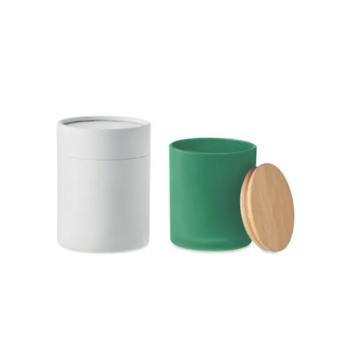 Candela di cera vegetale 120g in barattolo di vetro opaco con coperchio di bambù in scatola tubo di carta