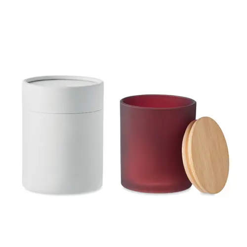 Candela di cera vegetale 200g in barattolo di vetro opaco con coperchio di bambù in scatola tubo di carta