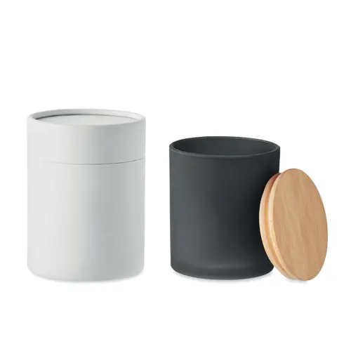 Candela di cera vegetale 200g in barattolo di vetro opaco con coperchio di bambù in scatola tubo di carta