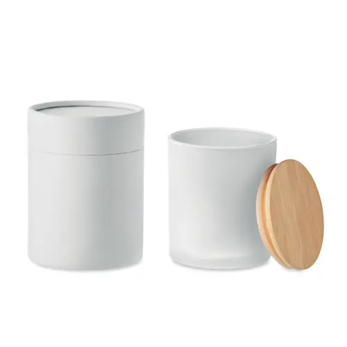 Candela di cera vegetale 200g in barattolo di vetro opaco con coperchio di bambù in scatola tubo di carta