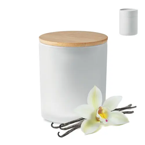 Candela di cera vegetale 200g in barattolo di vetro opaco con coperchio di bambù in scatola tubo di carta