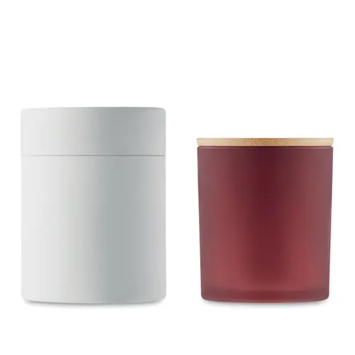 Candela di cera vegetale 280g in barattolo di vetro opaco con coperchio di bambù in scatola tubo di carta