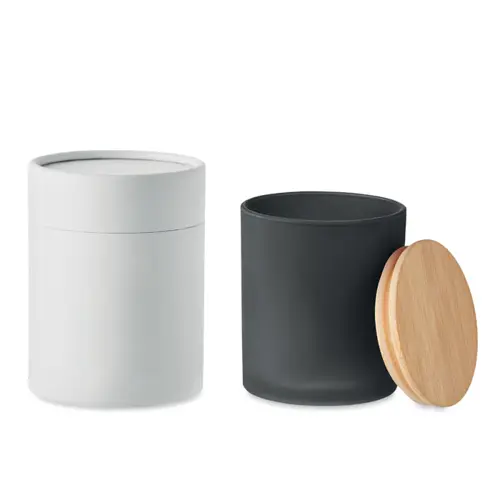 Candela di cera vegetale 280g in barattolo di vetro opaco con coperchio di bambù in scatola tubo di carta