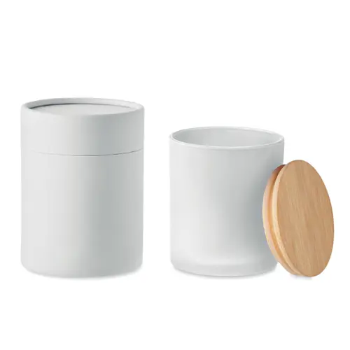 Candela di cera vegetale 280g in barattolo di vetro opaco con coperchio di bambù in scatola tubo di carta