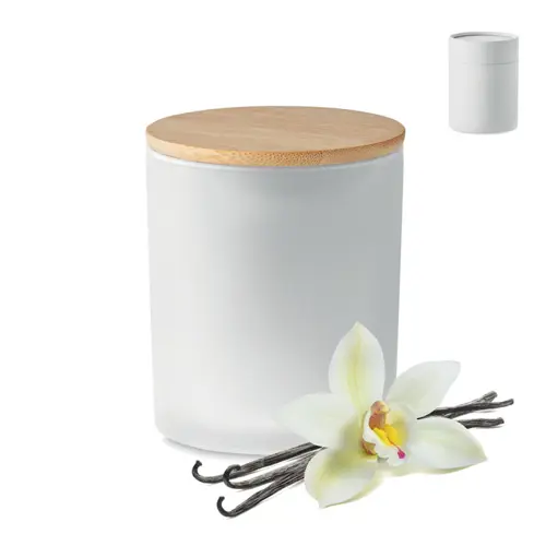 Candela di cera vegetale 280g in barattolo di vetro opaco con coperchio di bambù in scatola tubo di carta