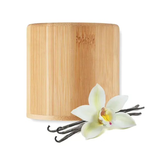 Candela di cera vegetale fragranza vaniglia 160g con supporto di bambù