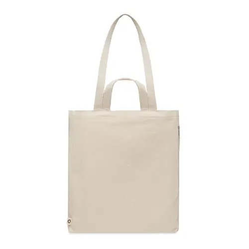 Shopper o borsa per spiaggia in cotone e poliestere riciclato con manici corti con tasca laterale 380gr 38X12X41CM