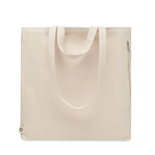 Shopper o borsa per spiaggia in cotone e poliestere riciclato con manici corti con tasca laterale 380gr 38X12X41CM