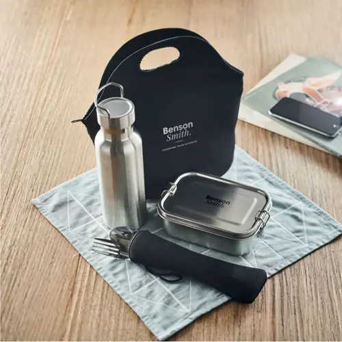 Set da pranzo in acciaio inox con borsa borraccia e posate