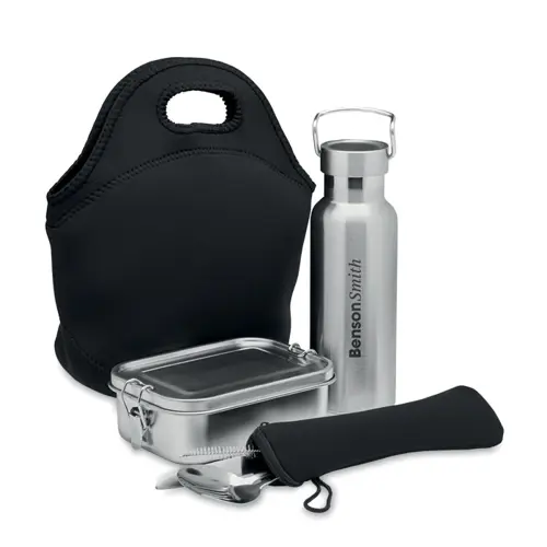 Set da pranzo in acciaio inox con borsa borraccia e posate