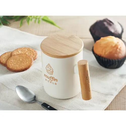 Tazza in porcellana con coperchio e manico in bambù da 380ml