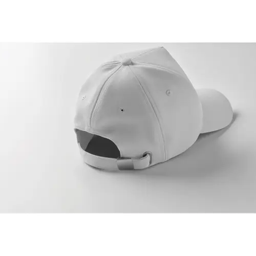 Cappellino con visiera in poliestere RPET a 5 pannelli con fibbia in acciaio argentato