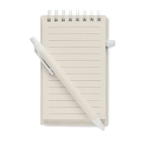 Block note A6 con spirale 70 fogli a righe in carta 70% cartone del latte riciclato e 30% carta riciclata con penna refill blu