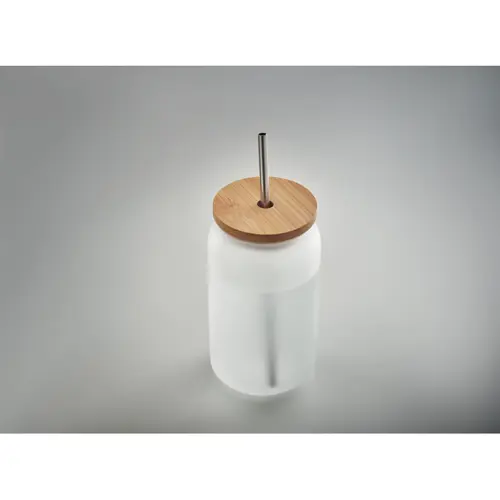 Barattolo da cocktail in vetro con coperchio in bambù e cannuccia in acciaio inox da 450ml ideale per sublimazione