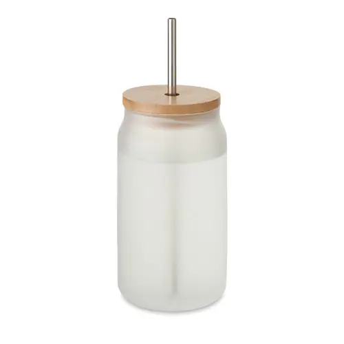 Barattolo da cocktail in vetro con coperchio in bambù e cannuccia in acciaio inox da 450ml ideale per sublimazione