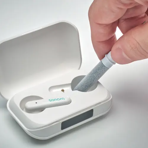 Penna a sfera per touch screen a rotazione con stilo in ABS e kit pulizia per auricolari refill blu