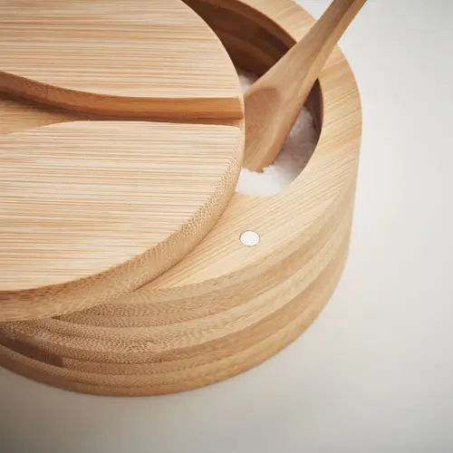 Contenitore in bambù con cucchiaio per sale e pepe oppure zucchero