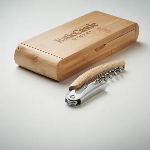 Coltello e cavatappi da cameriere in acciaio inox in confezione regalo in bambù