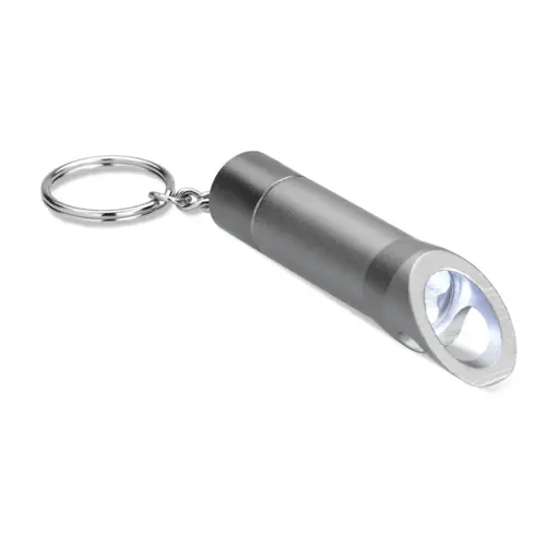 Portachiavi in metallo con torcia LED e apribottiglie